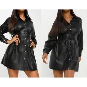 Women's Mini Shirt Dress Smooth Faux Leather Matte Black Size6 Cinched Waist